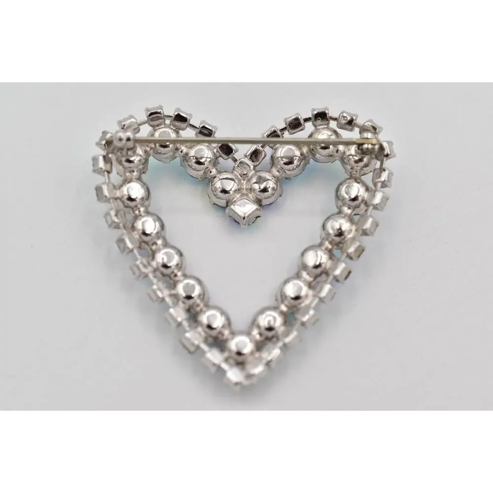 Vintage Crystal Heart Pin Brooch Blue Aurora Borealis Prong Rhinestone 60s BinBI